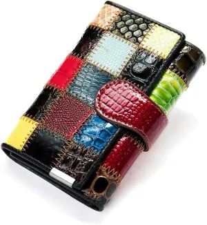 Aurexa Women's Genuine Leather Wallet Patent Leather Retro Vintage Patchwork Embossed Flower Floral Wristlet Clutch Bag (Short, Short, Trifold Patent Leather Square)