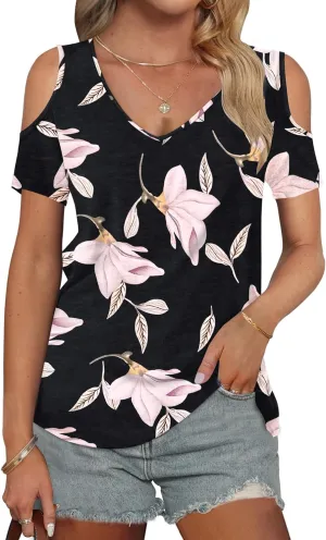 AUSELILY Womens Summer T Shirts Casual Ladies V Neck Tops Short Sleeve Cold Shoulder Loose Fit Blouse 2025 Trendy Clothing