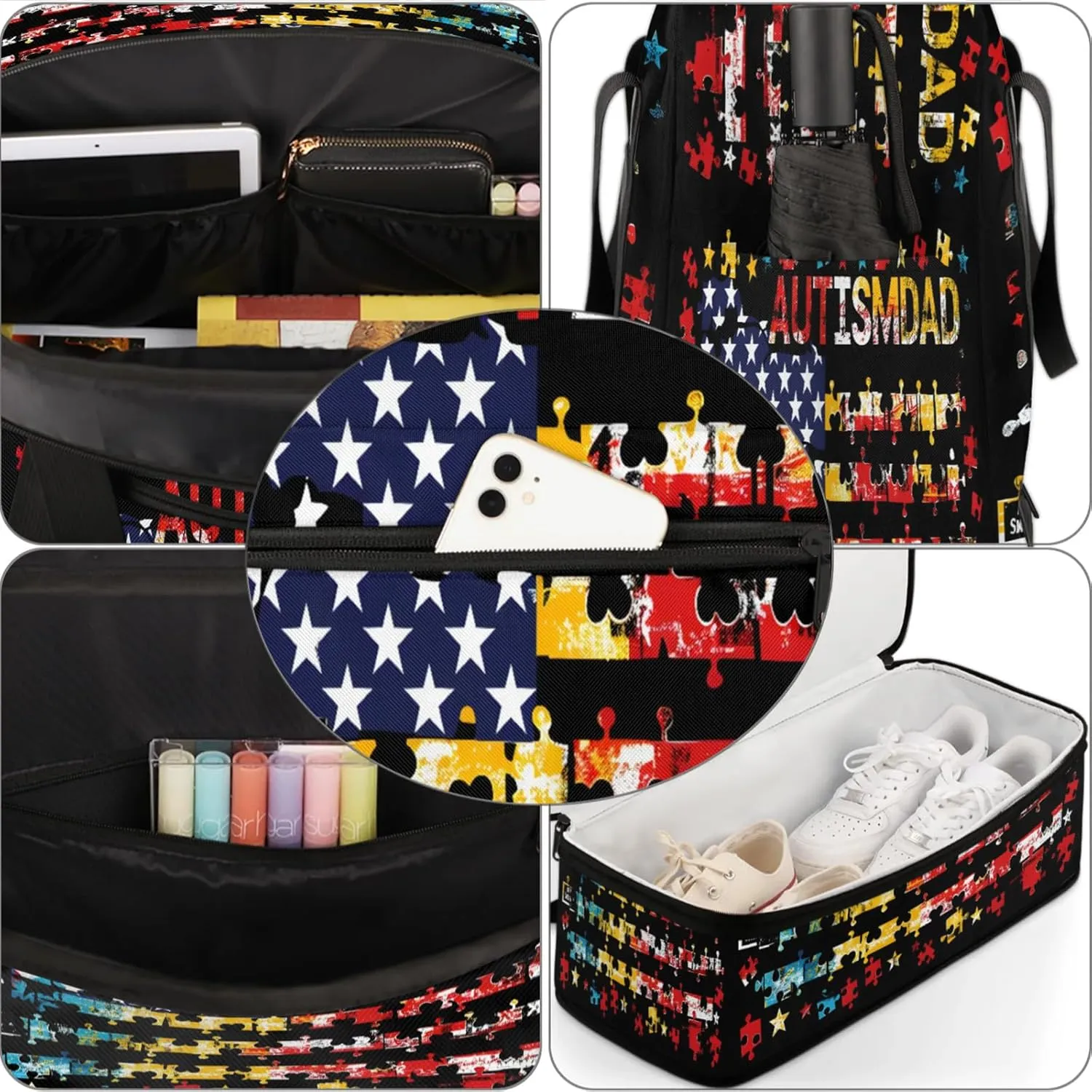 Autism American Flag Rainbow Travel Duffel Bags for Women & Men Large Sports Gym Bags Foldie Weekender Overnight Bag Carry On Tote Bag With Shoe Compartment Personal Item Luggage for Travel Sports Gym