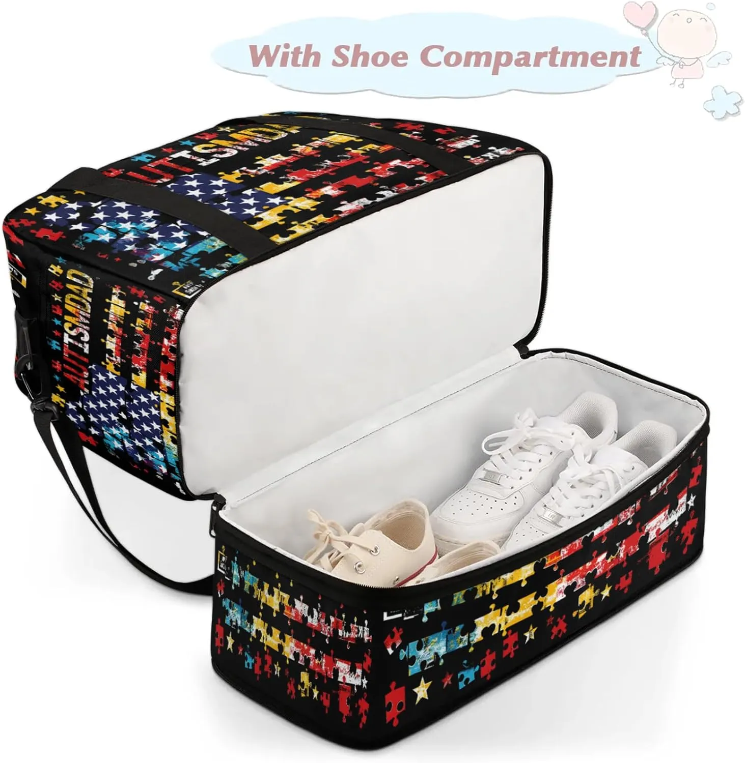 Autism American Flag Rainbow Travel Duffel Bags for Women & Men Large Sports Gym Bags Foldie Weekender Overnight Bag Carry On Tote Bag With Shoe Compartment Personal Item Luggage for Travel Sports Gym