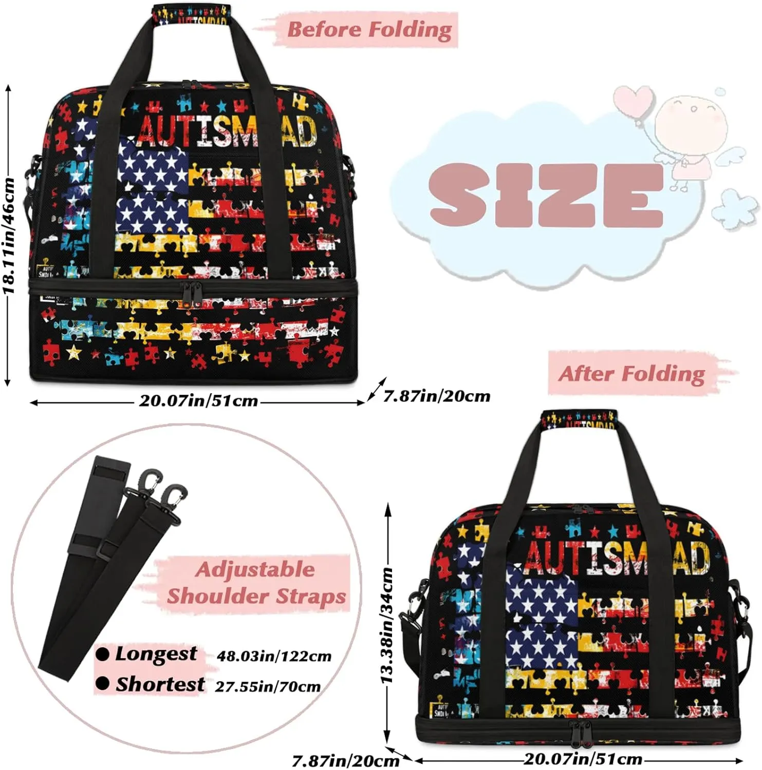 Autism American Flag Rainbow Travel Duffel Bags for Women & Men Large Sports Gym Bags Foldie Weekender Overnight Bag Carry On Tote Bag With Shoe Compartment Personal Item Luggage for Travel Sports Gym