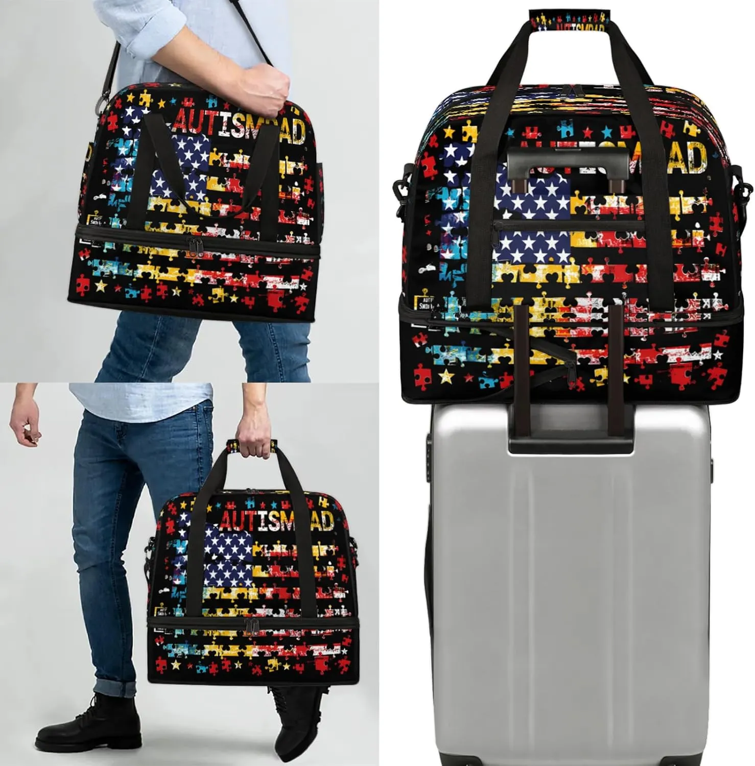 Autism American Flag Rainbow Travel Duffel Bags for Women & Men Large Sports Gym Bags Foldie Weekender Overnight Bag Carry On Tote Bag With Shoe Compartment Personal Item Luggage for Travel Sports Gym