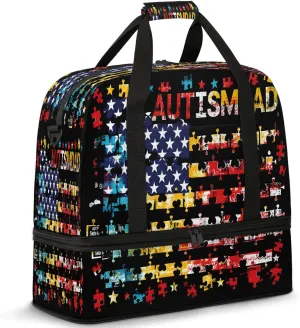Autism American Flag Rainbow Travel Duffel Bags for Women & Men Large Sports Gym Bags Foldie Weekender Overnight Bag Carry On Tote Bag With Shoe Compartment Personal Item Luggage for Travel Sports Gym