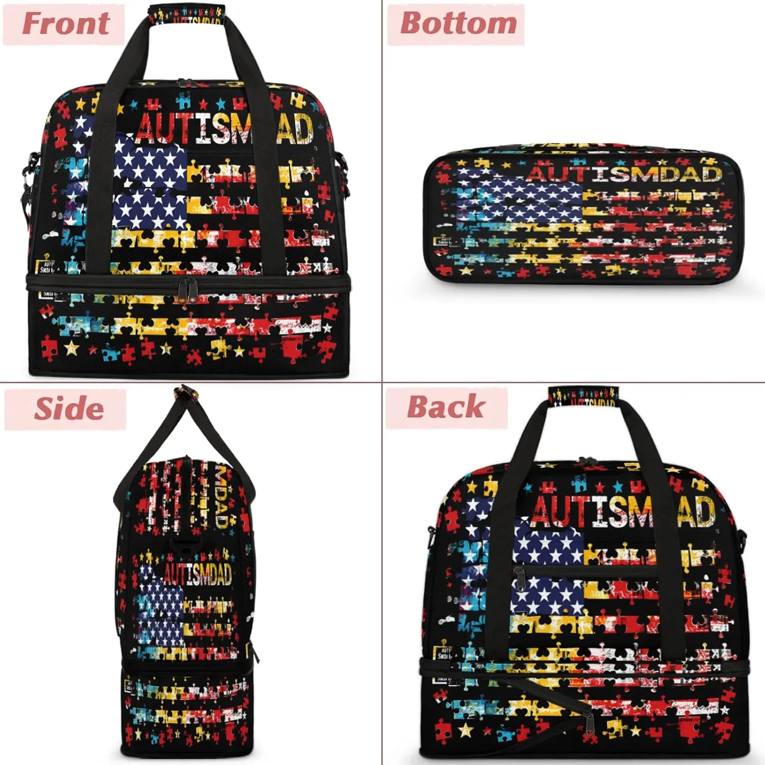Autism American Flag Rainbow Travel Duffel Bags for Women & Men Large Sports Gym Bags Foldie Weekender Overnight Bag Carry On Tote Bag With Shoe Compartment Personal Item Luggage for Travel Sports Gym