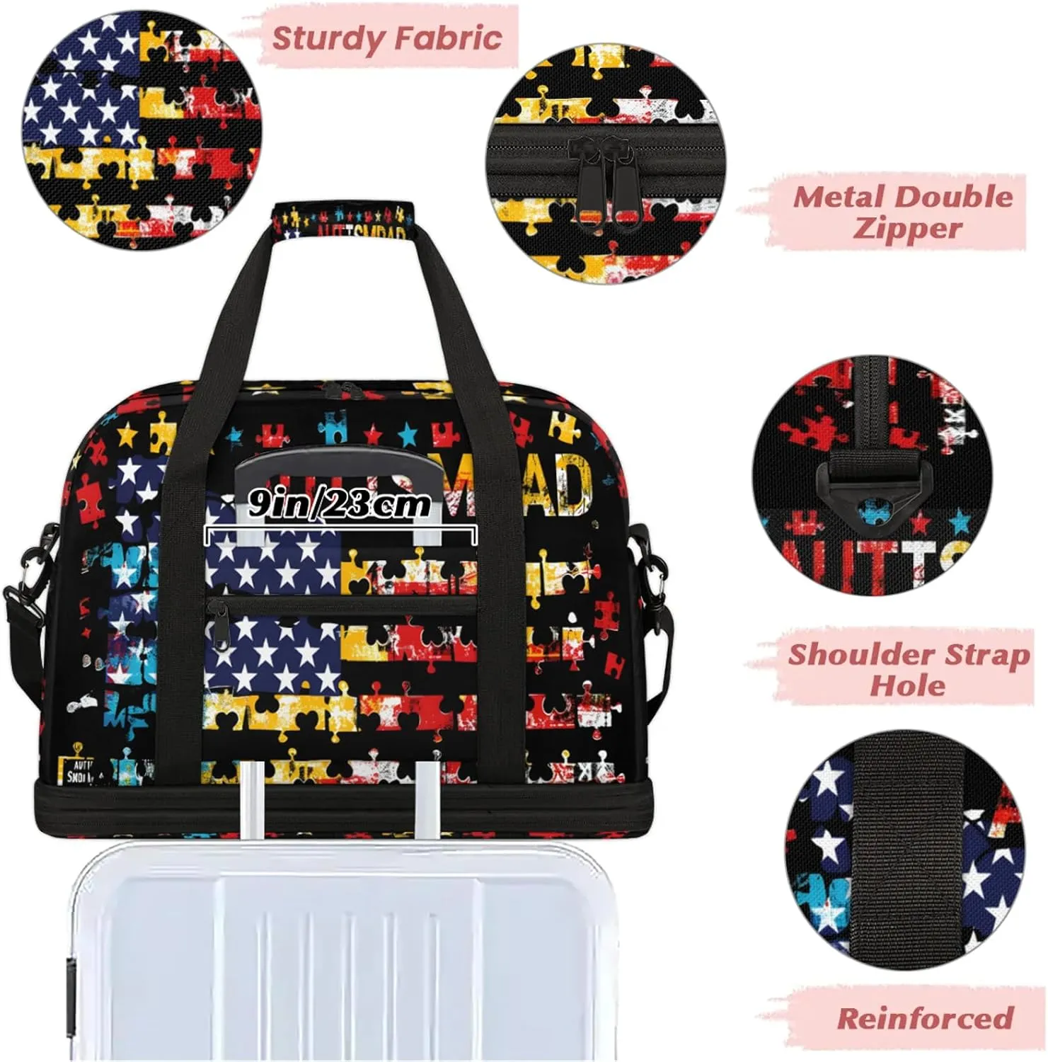 Autism American Flag Rainbow Travel Duffel Bags for Women & Men Large Sports Gym Bags Foldie Weekender Overnight Bag Carry On Tote Bag With Shoe Compartment Personal Item Luggage for Travel Sports Gym