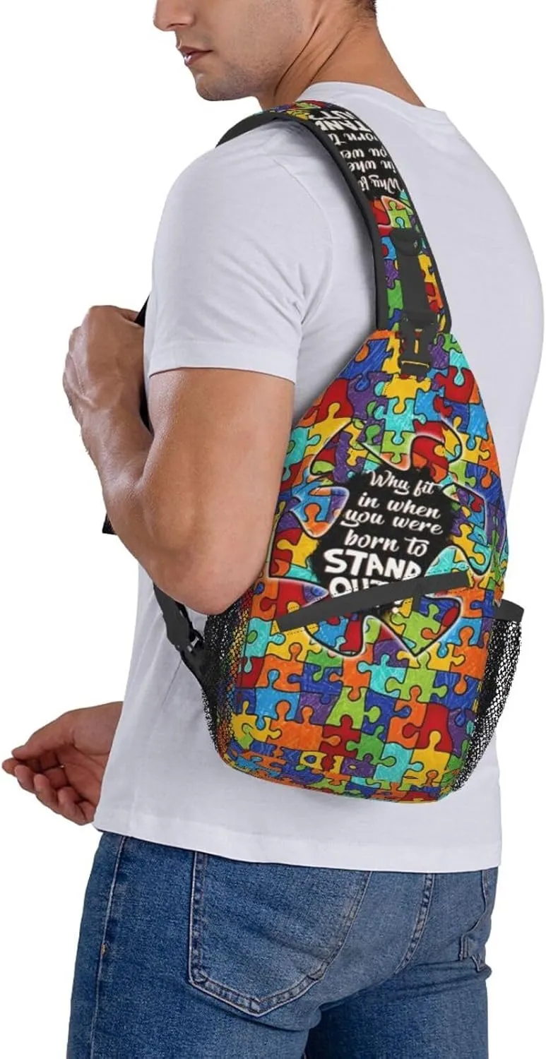 Autism Pattern Sling Backpack Travel Hiking Daypack Autism Awareness Crossbody Shoulder Bag For Women Men
