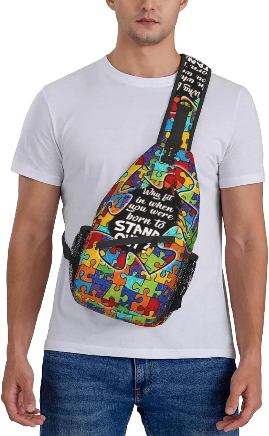 Autism Pattern Sling Backpack Travel Hiking Daypack Autism Awareness Crossbody Shoulder Bag For Women Men
