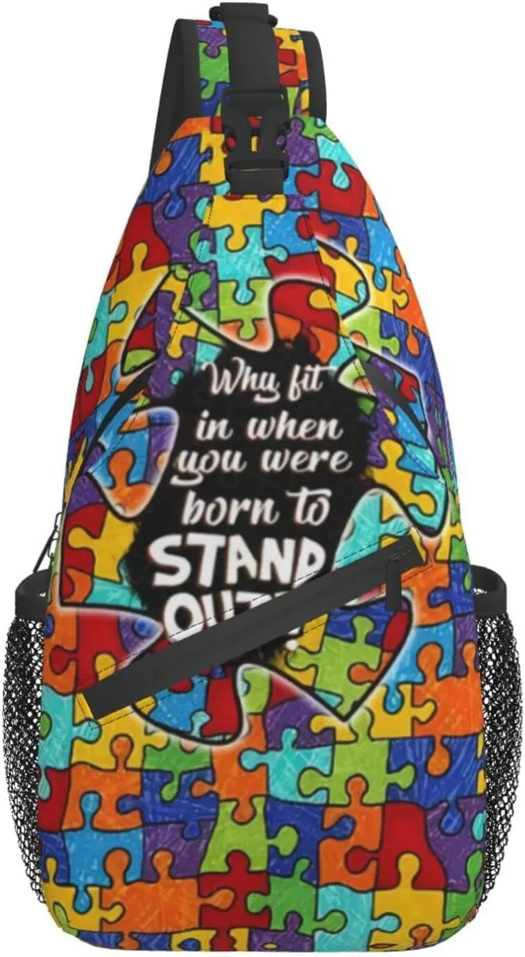 Autism Pattern Sling Backpack Travel Hiking Daypack Autism Awareness Crossbody Shoulder Bag For Women Men
