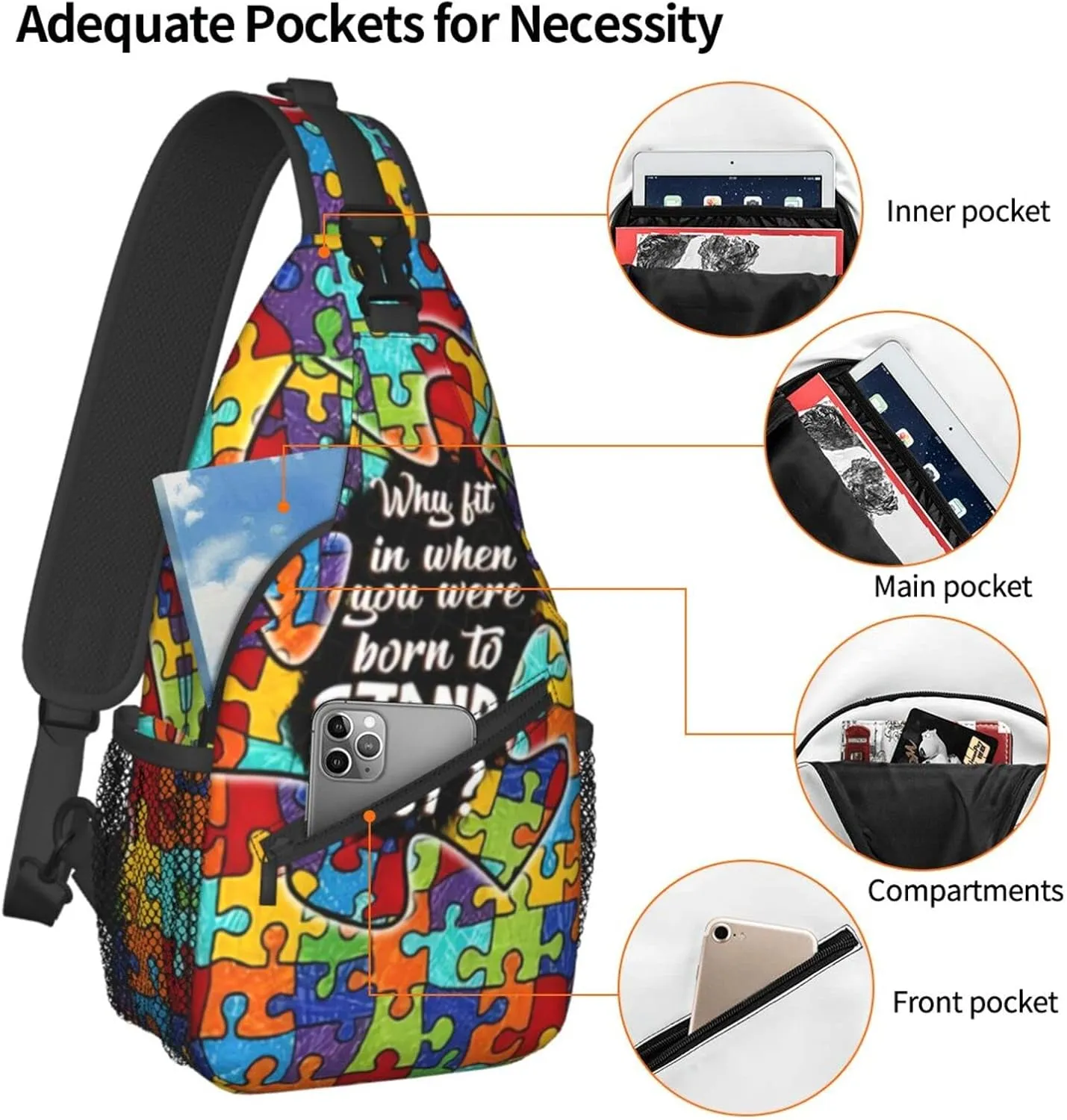 Autism Pattern Sling Backpack Travel Hiking Daypack Autism Awareness Crossbody Shoulder Bag For Women Men
