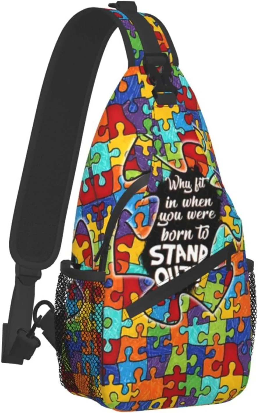 Autism Pattern Sling Backpack Travel Hiking Daypack Autism Awareness Crossbody Shoulder Bag For Women Men
