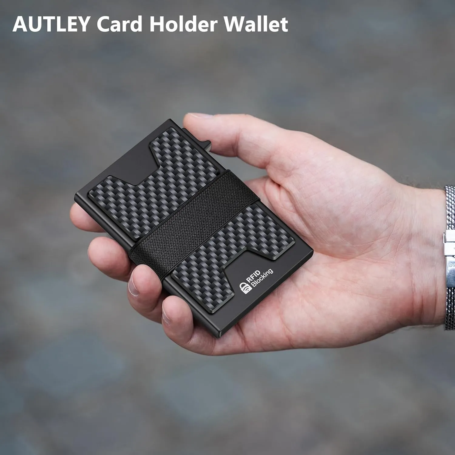 AUTLEY Slim Wallet For Men, Minimalist Mens Wallet, Rfid Blocking Wallet, Pop Up Credit Card Holder with Cash Band (Carbon Fiber Black)