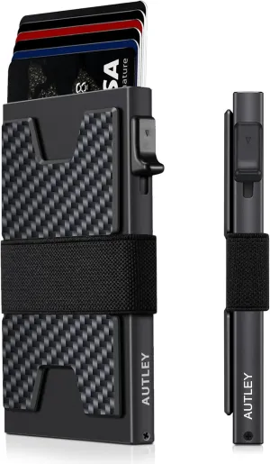 AUTLEY Slim Wallet For Men, Minimalist Mens Wallet, Rfid Blocking Wallet, Pop Up Credit Card Holder with Cash Band (Carbon Fiber Black)