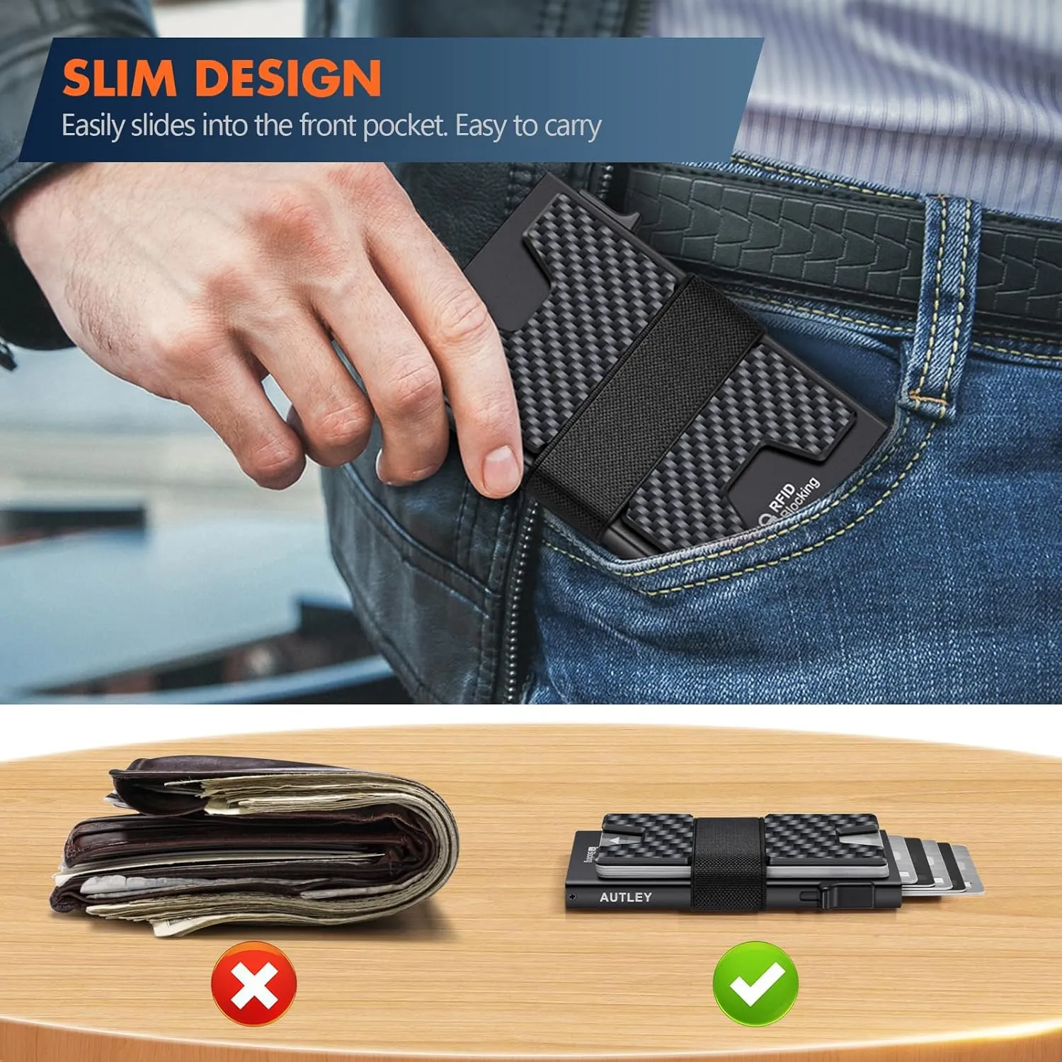 AUTLEY Slim Wallet For Men, Minimalist Mens Wallet, Rfid Blocking Wallet, Pop Up Credit Card Holder with Cash Band (Carbon Fiber Black)