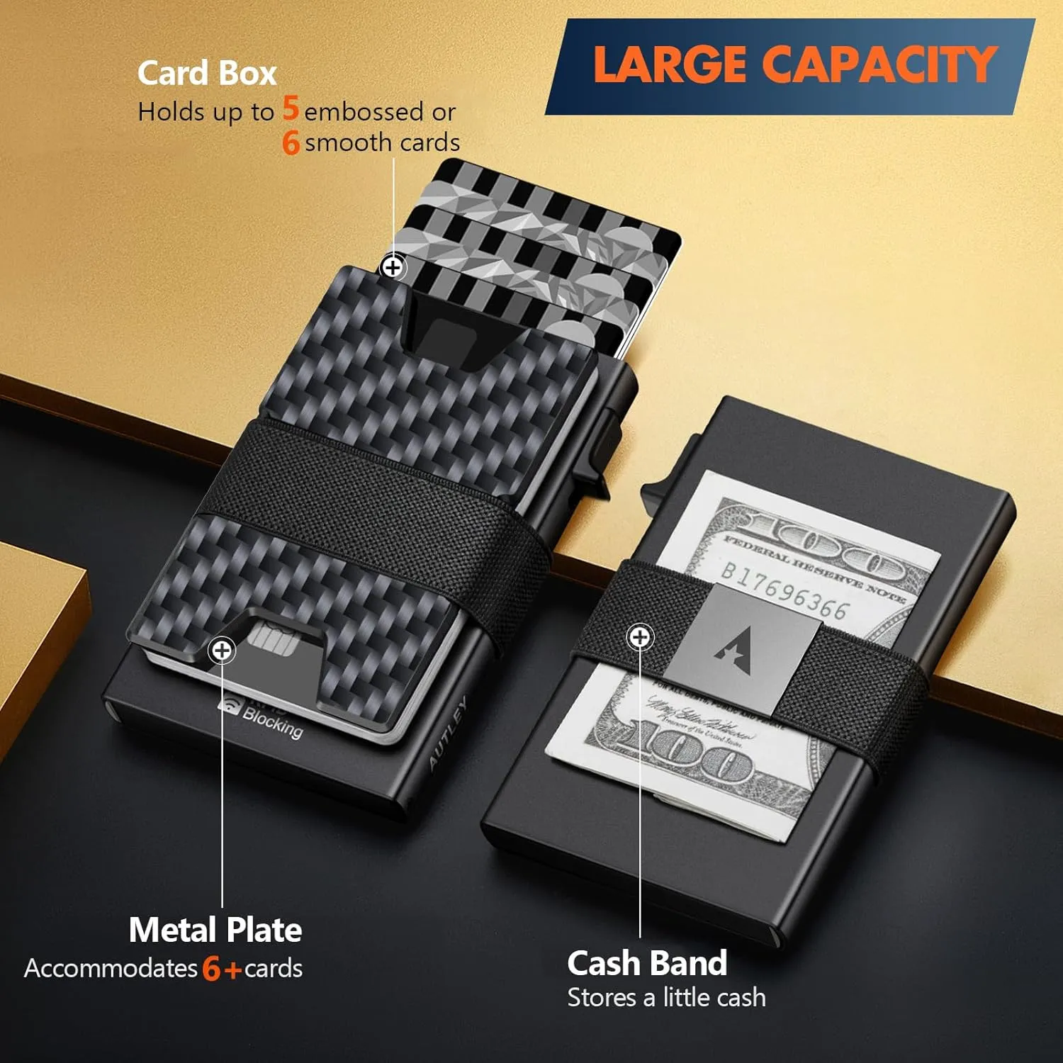 AUTLEY Slim Wallet For Men, Minimalist Mens Wallet, Rfid Blocking Wallet, Pop Up Credit Card Holder with Cash Band (Carbon Fiber Black)