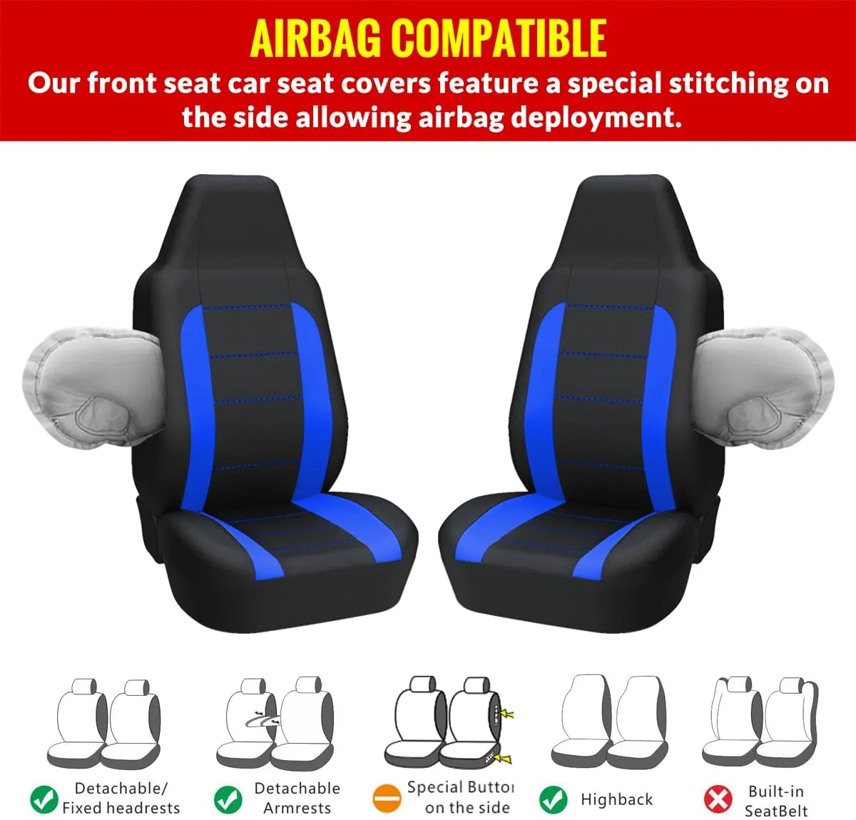 AUTOYOUTH Auto Car Front Seat Covers Bucket Seat Cover Airbag Compatible Auto Parts Motor Trend Car Accessories Universal Fit for Sedan Truck - Blue