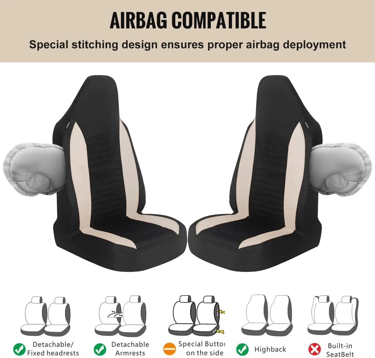 AUTOYOUTH Car Seat Covers - Bucket Seat Cover Seat Achieve The Perfect Combination of Style and Protection with Universal Fit Seat Covers for Sedan, Truck, SUV(Black Beige)…