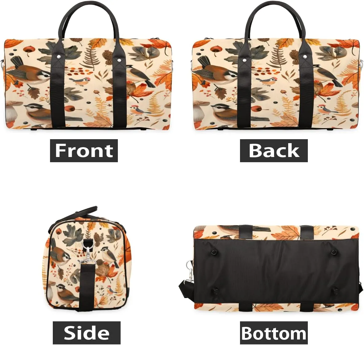 Autumn Birds Maple Leaves Berries Travel Duffle Bag, Sports Gym Bags for Women Men, Carry On Weekender Overnight Workout Airplane Trips Bag