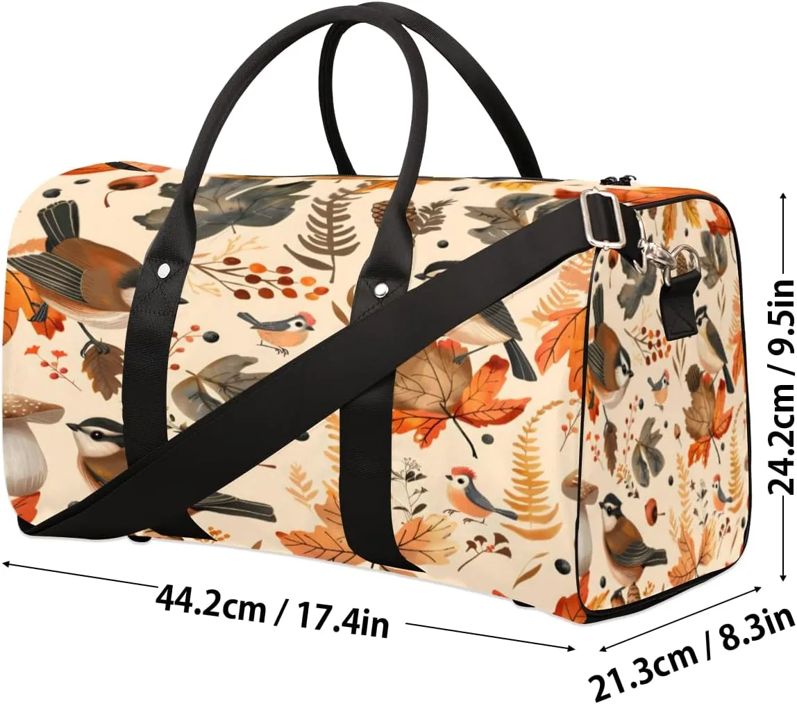 Autumn Birds Maple Leaves Berries Travel Duffle Bag, Sports Gym Bags for Women Men, Carry On Weekender Overnight Workout Airplane Trips Bag