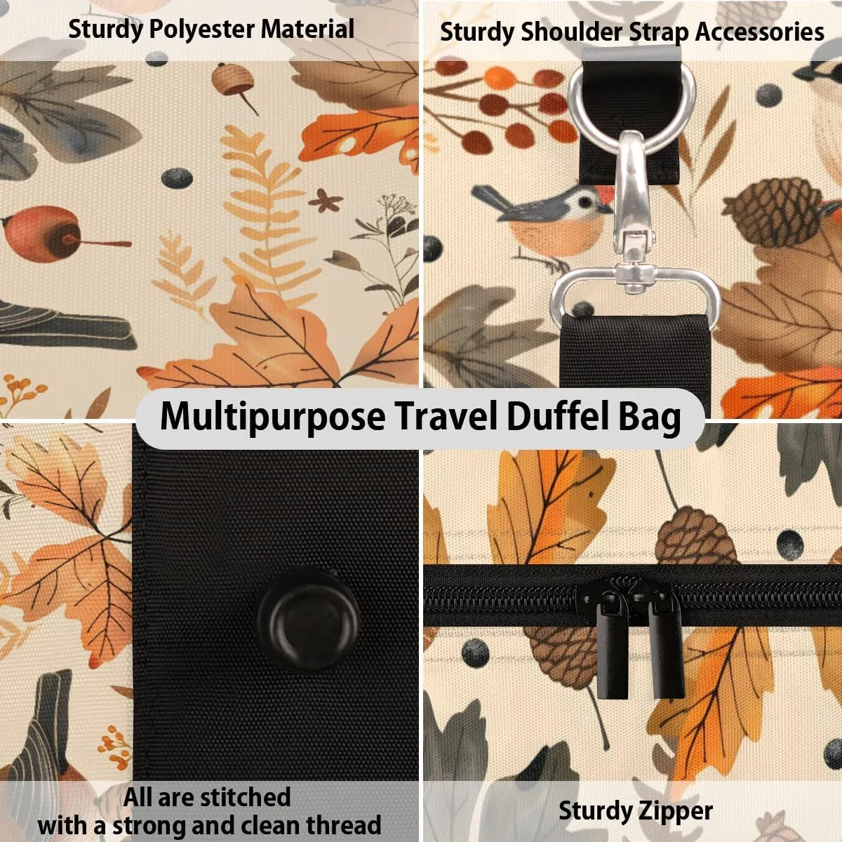 Autumn Birds Maple Leaves Berries Travel Duffle Bag, Sports Gym Bags for Women Men, Carry On Weekender Overnight Workout Airplane Trips Bag