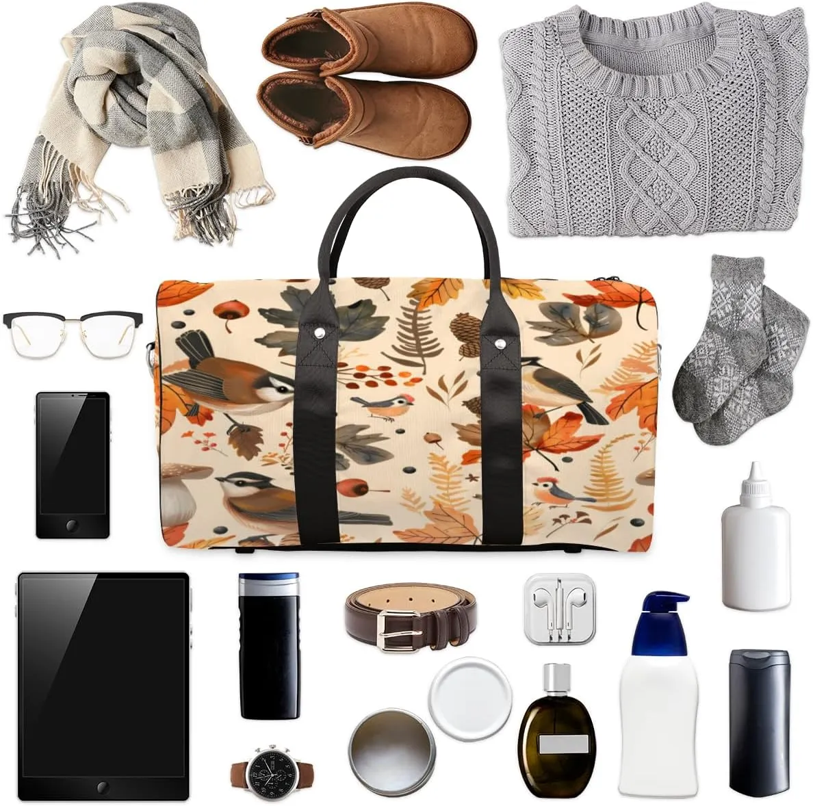 Autumn Birds Maple Leaves Berries Travel Duffle Bag, Sports Gym Bags for Women Men, Carry On Weekender Overnight Workout Airplane Trips Bag