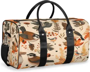 Autumn Birds Maple Leaves Berries Travel Duffle Bag, Sports Gym Bags for Women Men, Carry On Weekender Overnight Workout Airplane Trips Bag