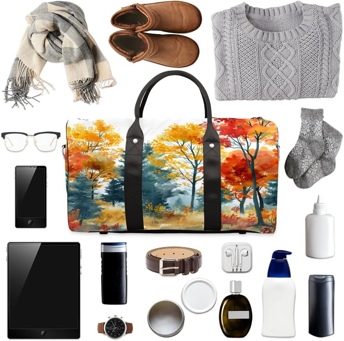 Autumn Forest Tree Travel Duffle Bag, Sports Gym Bags for Women Men, Carry On Weekender Overnight Workout Airplane Trips Bag
