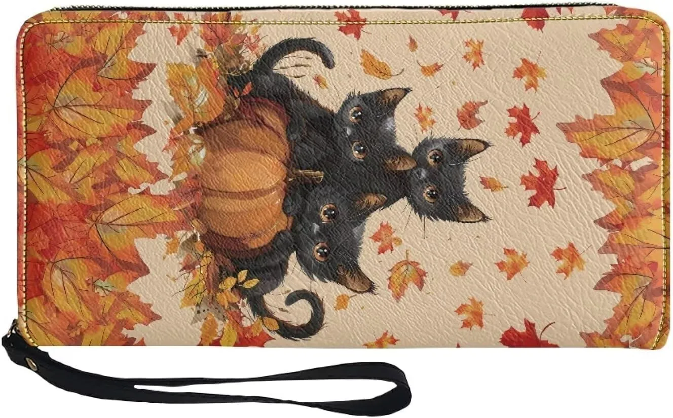 Autumn Leaves Black Horse Wristlet Wallets for Womens Leather Credit Card Holder RFID Blocking Large Capacity Purse Clutch