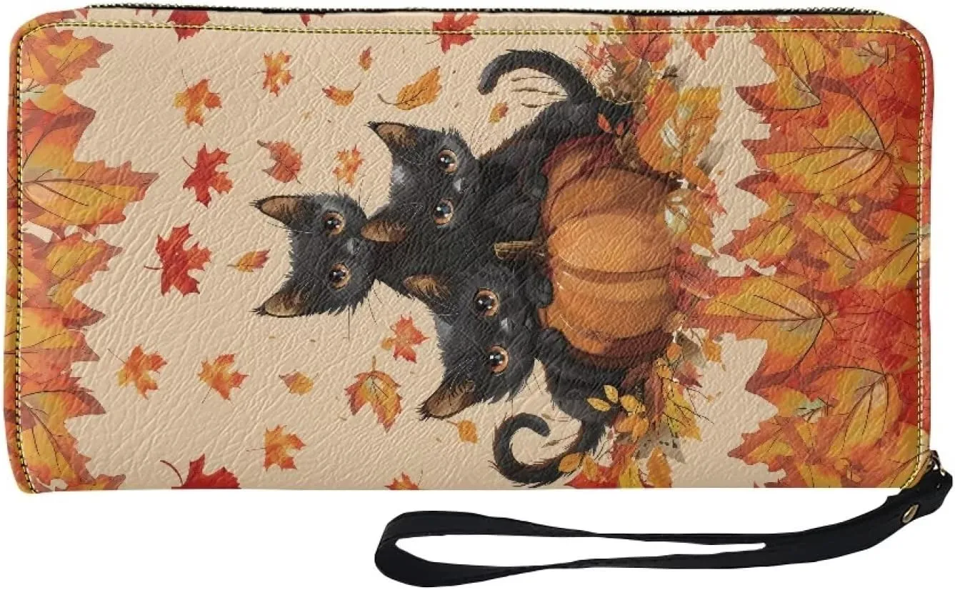 Autumn Leaves Black Horse Wristlet Wallets for Womens Leather Credit Card Holder RFID Blocking Large Capacity Purse Clutch