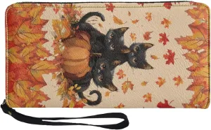 Autumn Leaves Black Horse Wristlet Wallets for Womens Leather Credit Card Holder RFID Blocking Large Capacity Purse Clutch