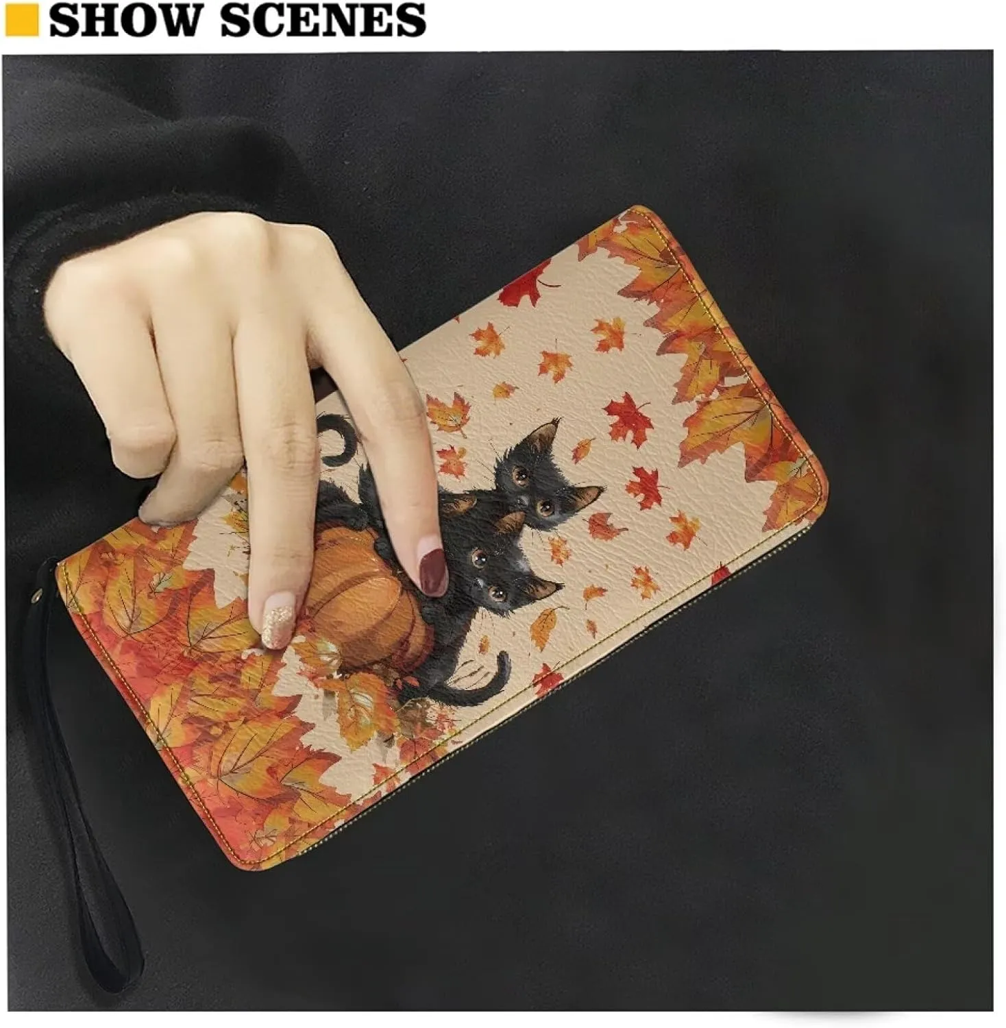 Autumn Leaves Black Horse Wristlet Wallets for Womens Leather Credit Card Holder RFID Blocking Large Capacity Purse Clutch