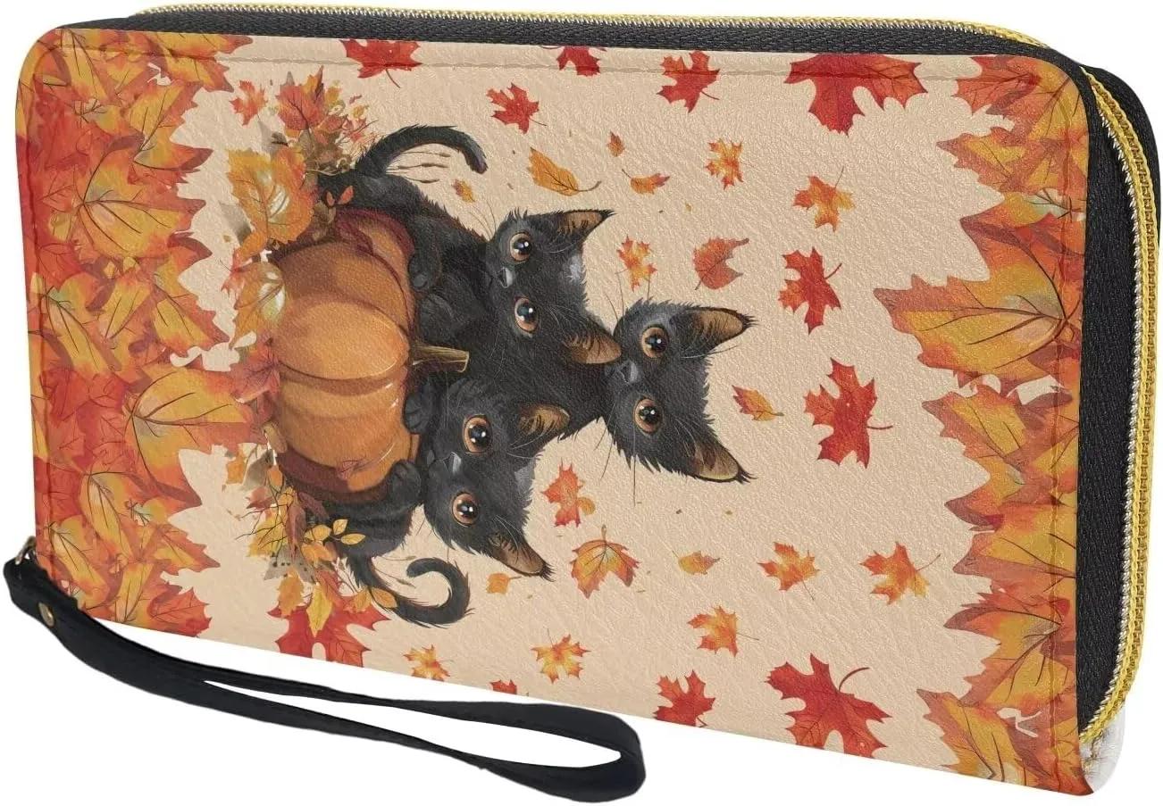 Autumn Leaves Black Horse Wristlet Wallets for Womens Leather Credit Card Holder RFID Blocking Large Capacity Purse Clutch