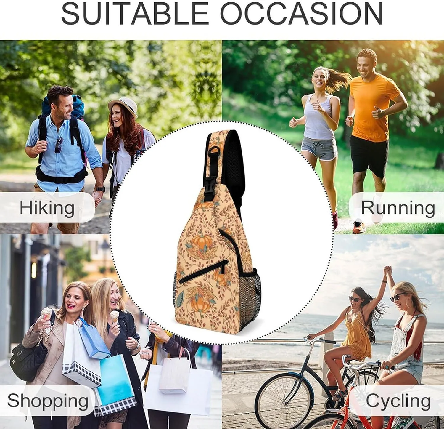 Autumn Leaves Pumpkin Sling Bag for Men Women Fall Cartoon Shoulder Backpack Chest Bags Crossbody Daypack for Hiking Camping Outdoor Trip