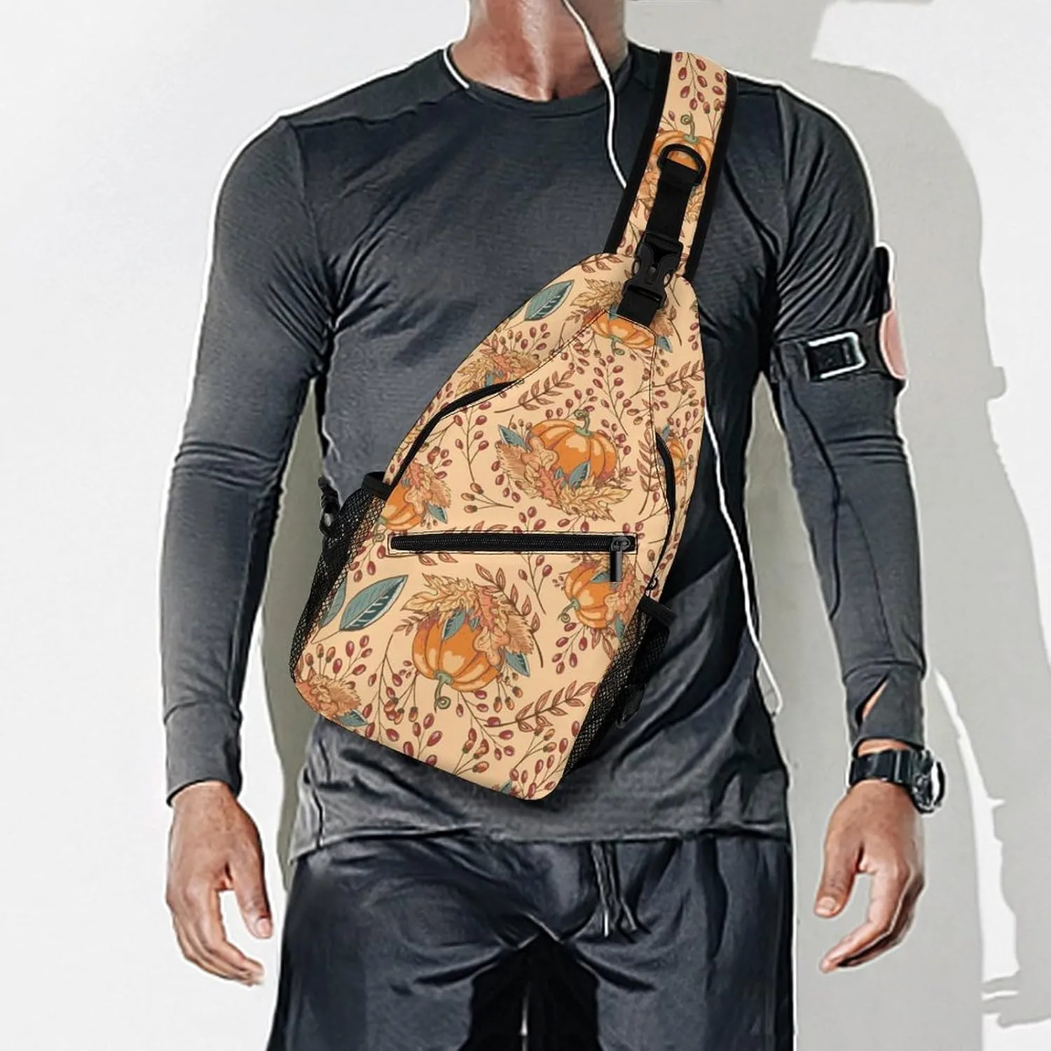 Autumn Leaves Pumpkin Sling Bag for Men Women Fall Cartoon Shoulder Backpack Chest Bags Crossbody Daypack for Hiking Camping Outdoor Trip