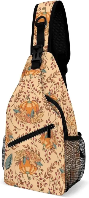 Autumn Leaves Pumpkin Sling Bag for Men Women Fall Cartoon Shoulder Backpack Chest Bags Crossbody Daypack for Hiking Camping Outdoor Trip