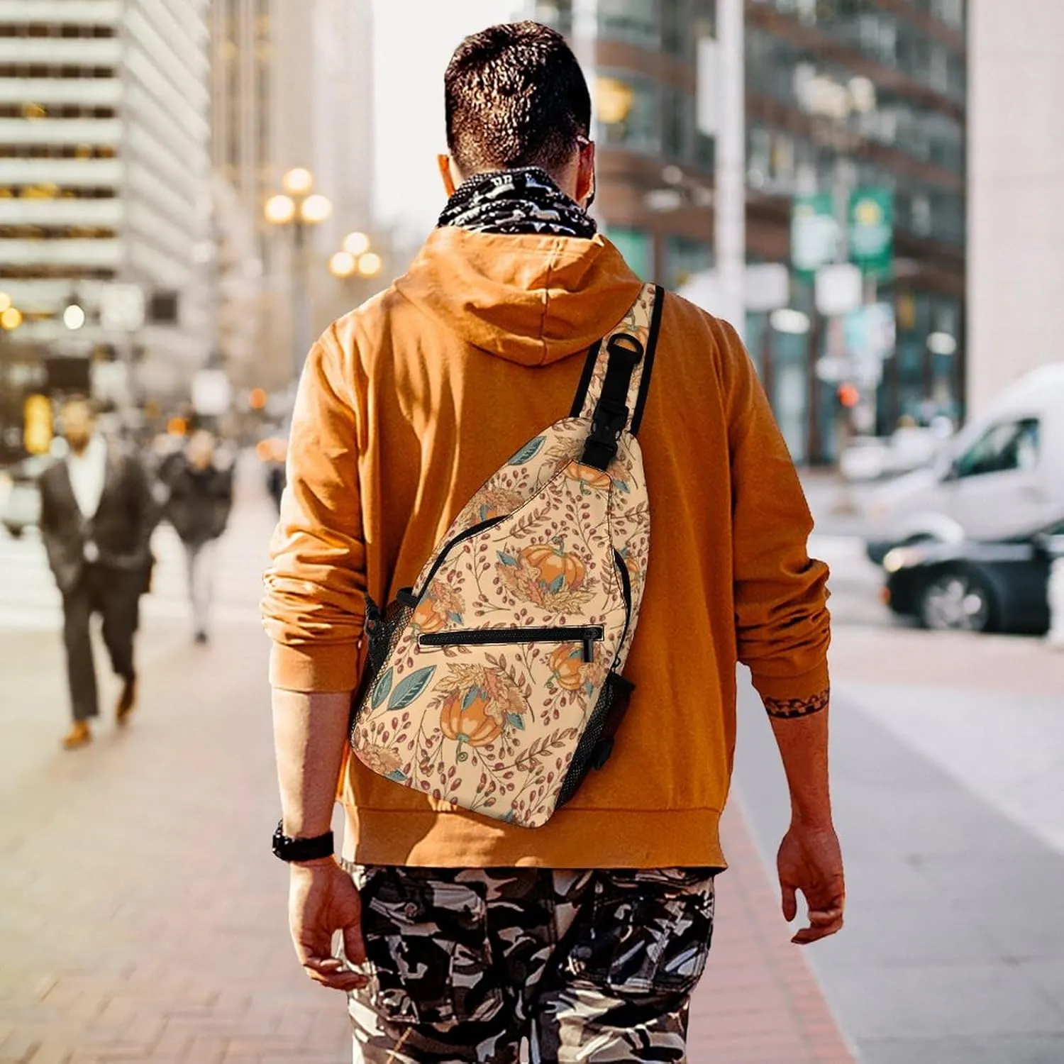 Autumn Leaves Pumpkin Sling Bag for Men Women Fall Cartoon Shoulder Backpack Chest Bags Crossbody Daypack for Hiking Camping Outdoor Trip