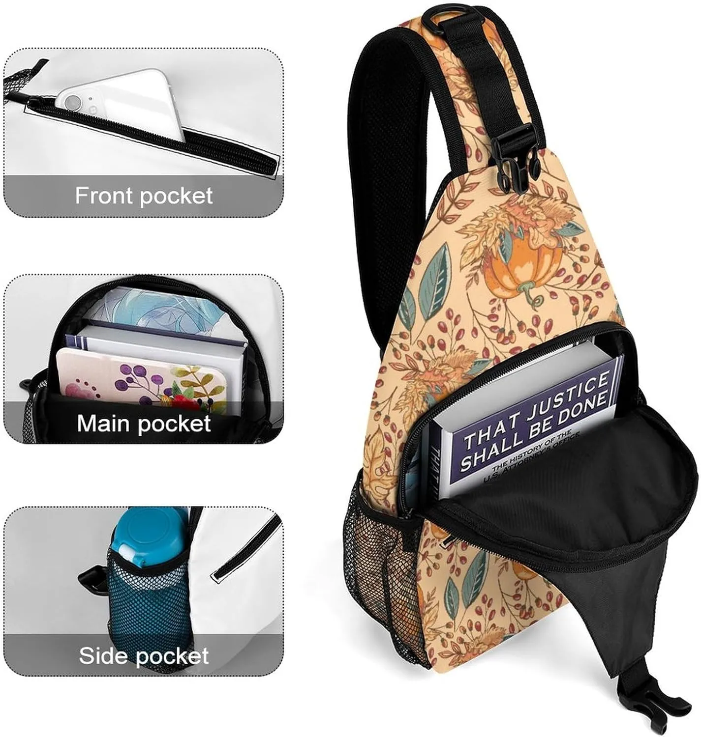 Autumn Leaves Pumpkin Sling Bag for Men Women Fall Cartoon Shoulder Backpack Chest Bags Crossbody Daypack for Hiking Camping Outdoor Trip