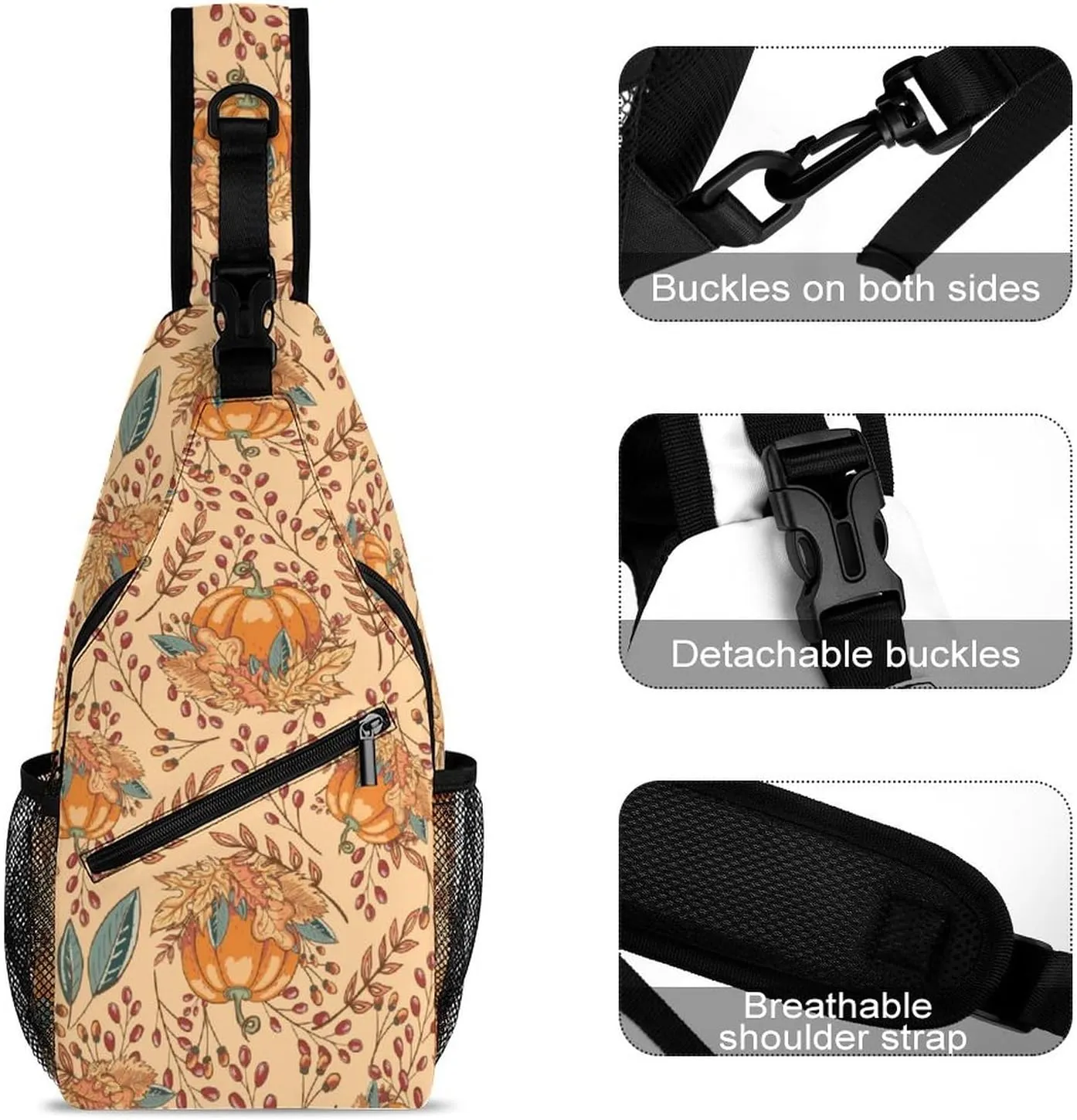 Autumn Leaves Pumpkin Sling Bag for Men Women Fall Cartoon Shoulder Backpack Chest Bags Crossbody Daypack for Hiking Camping Outdoor Trip