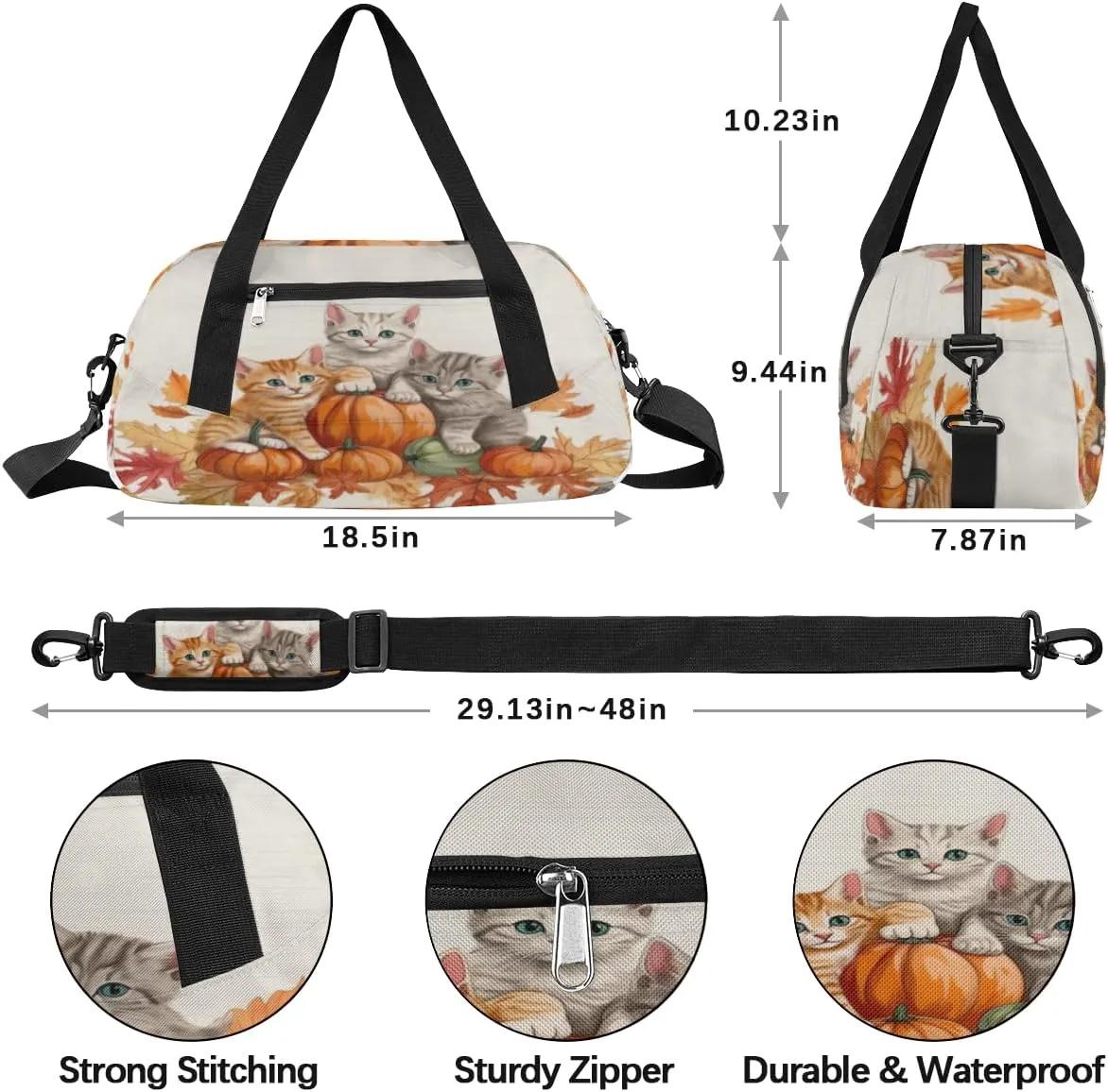 Autumn Pumpkins Cat Gym Bag, Duffle Bag, Weekender Bag, Duffel Bag, Overnight Bag, Travel Duffel Bag, Dance Bag, Tote Bag, Beach Bag, Pool Bag, Gym Duffle Bag, Carry on Bag