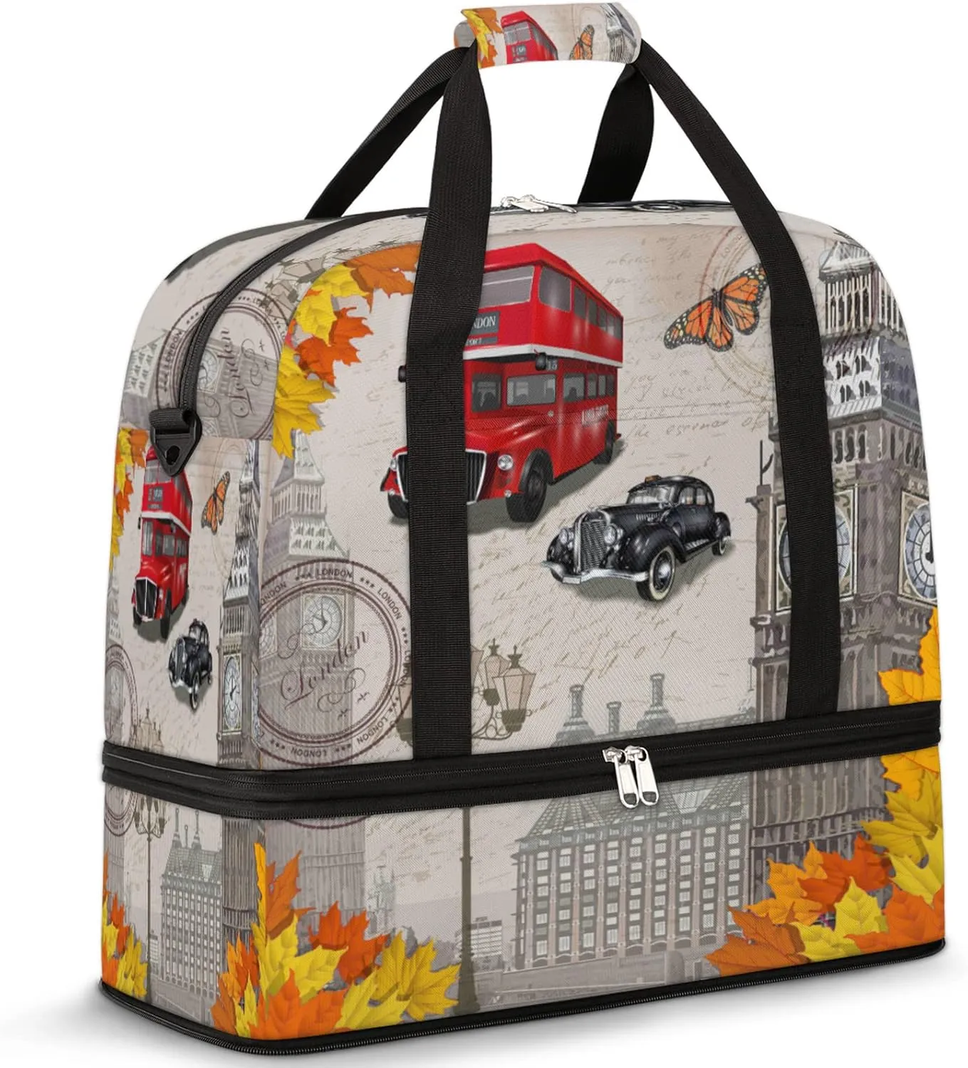 Autumn Vintage London Big Ben Foldable Travel Duffel Bag Tote Carry on Luggage Sport Duffle for Women Men Gym Bag Overnight Weekender Bags with Shoe Compartments and Shoulder Strap