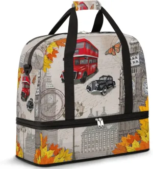 Autumn Vintage London Big Ben Foldable Travel Duffel Bag Tote Carry on Luggage Sport Duffle for Women Men Gym Bag Overnight Weekender Bags with Shoe Compartments and Shoulder Strap