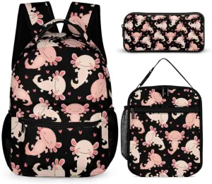 Axolotl Backpack with Lunch Box & Pencil Case for Kids Girls Boys School, 16 Inch Cute Axolotls Bookbag, School Backpack for Students Children, Lightweight, Large Capacity