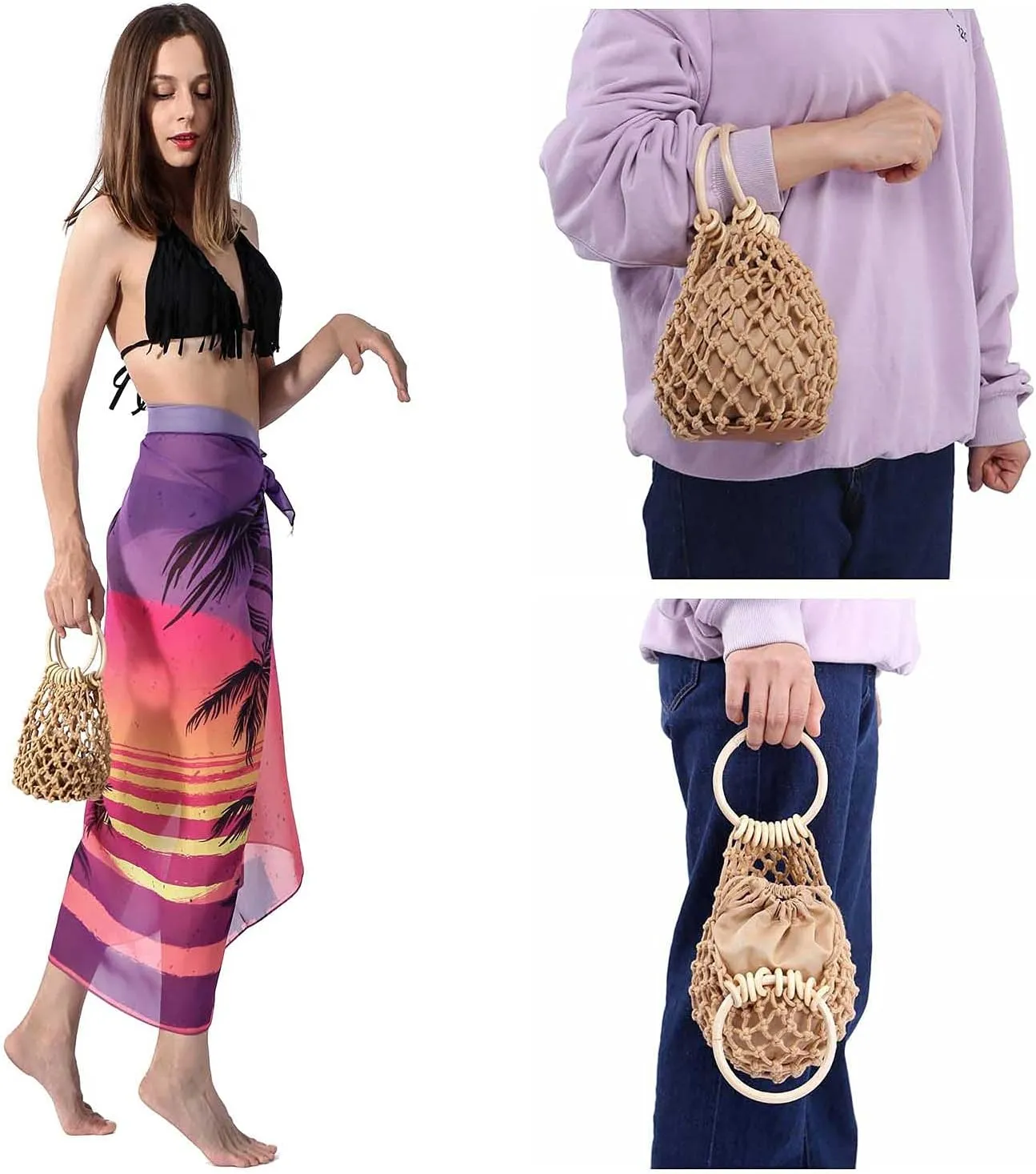 Ayliss Women Mini Clutch Tote Handbag Top-handle Bucket Drawstring Handbag Beach Woven Handmade Fishing Net Bag Pouch Purse