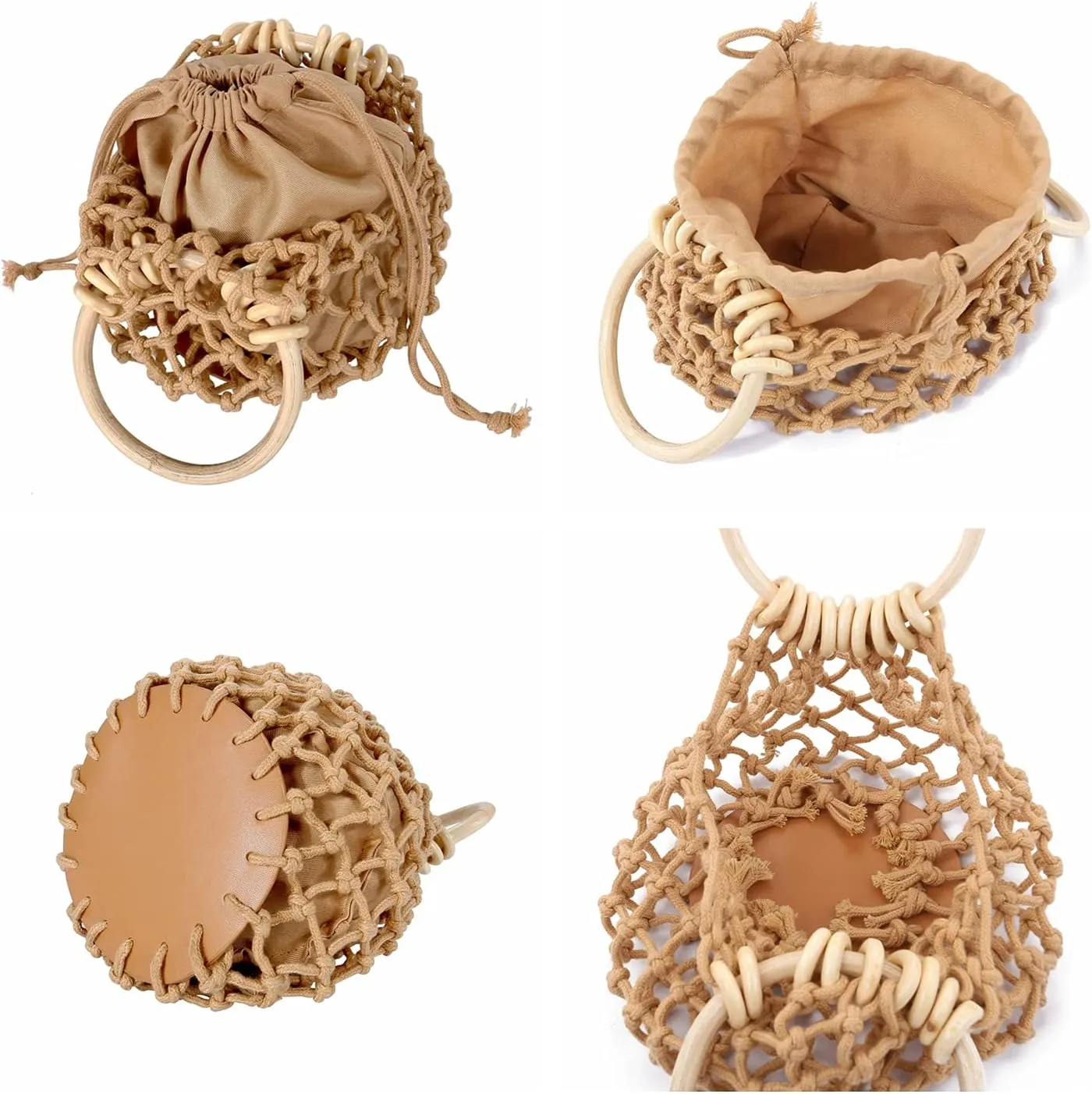 Ayliss Women Mini Clutch Tote Handbag Top-handle Bucket Drawstring Handbag Beach Woven Handmade Fishing Net Bag Pouch Purse