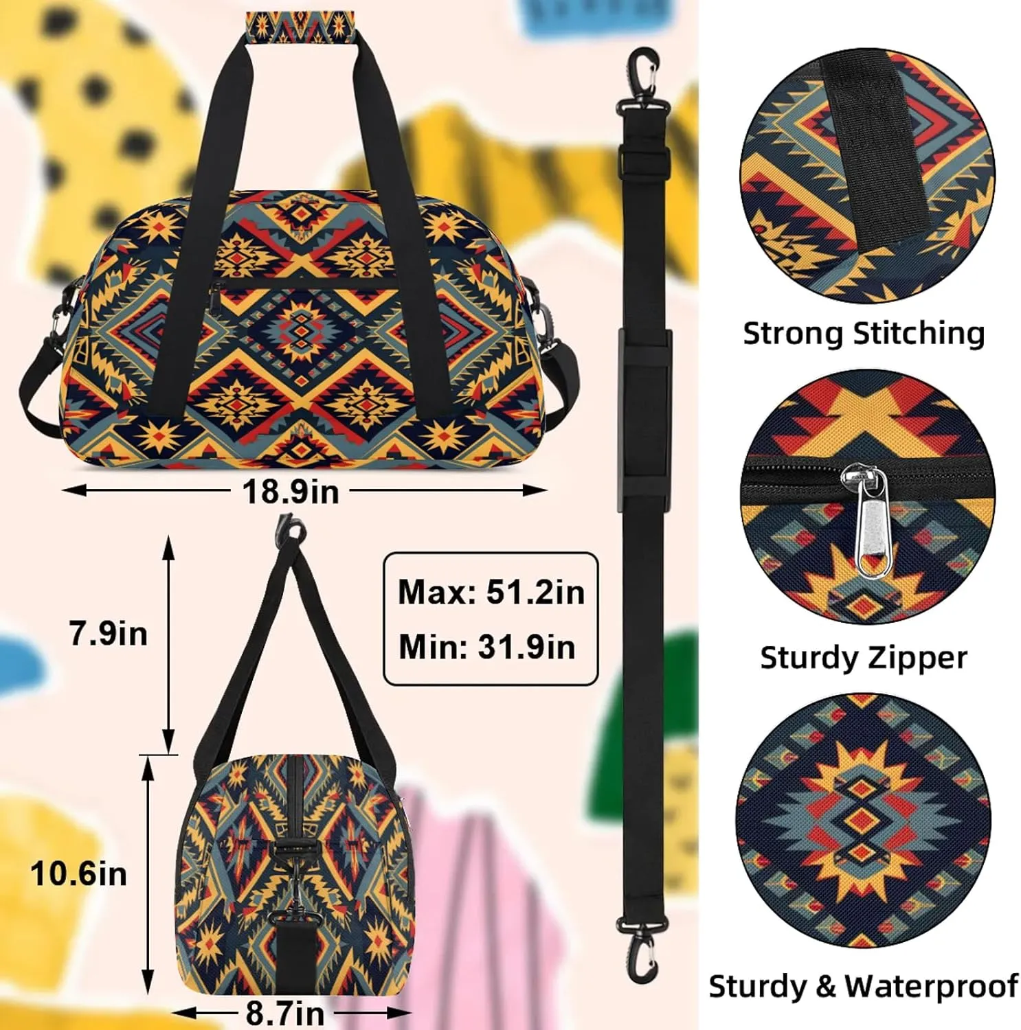 Aztec Small Gym Bag 18 inch Carry On Duffel Bag for Weekender Travel Sports Workout Yoga Gymnastics Dance Ballet