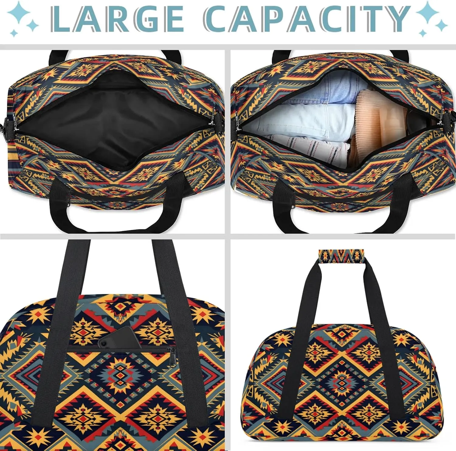Aztec Small Gym Bag 18 inch Carry On Duffel Bag for Weekender Travel Sports Workout Yoga Gymnastics Dance Ballet