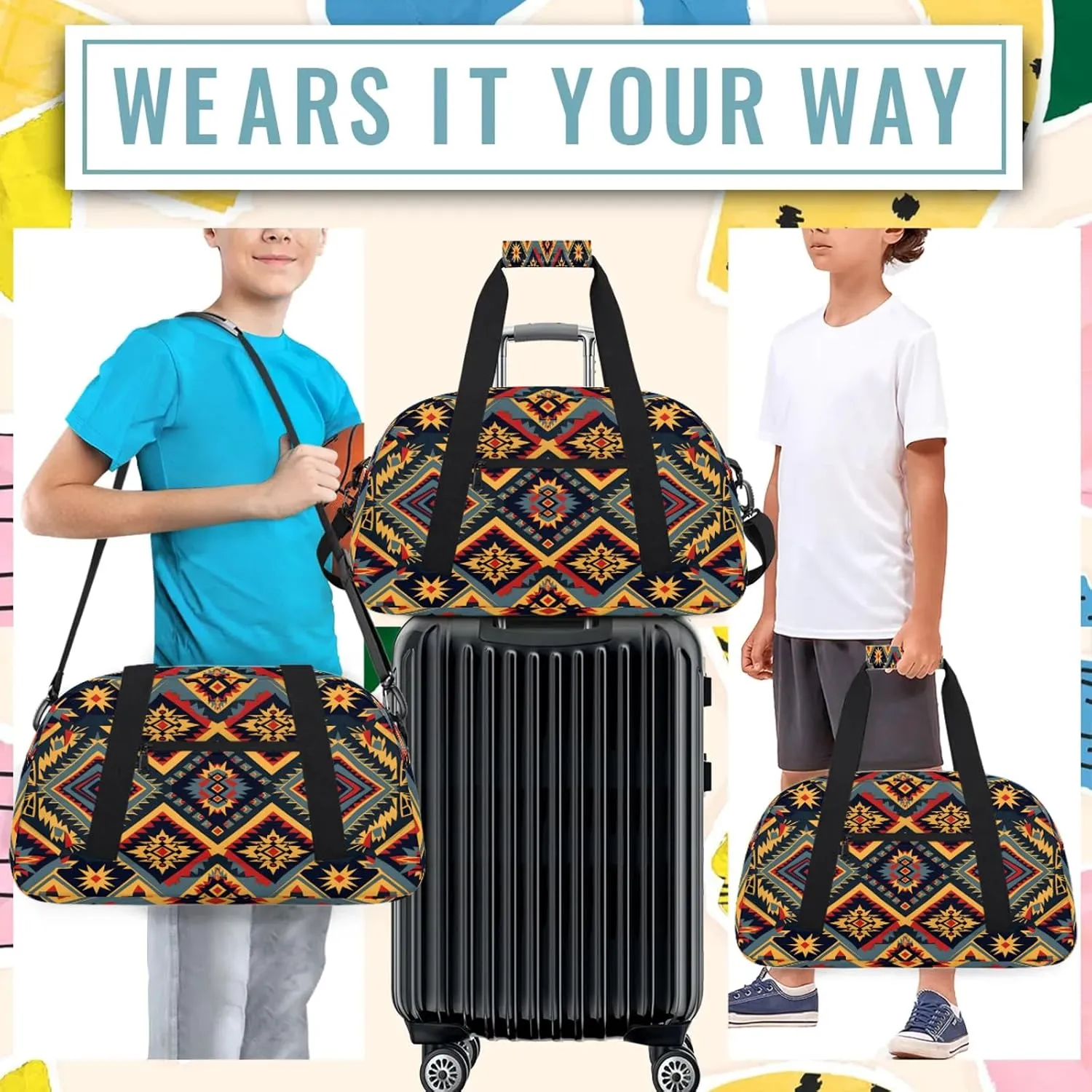 Aztec Small Gym Bag 18 inch Carry On Duffel Bag for Weekender Travel Sports Workout Yoga Gymnastics Dance Ballet