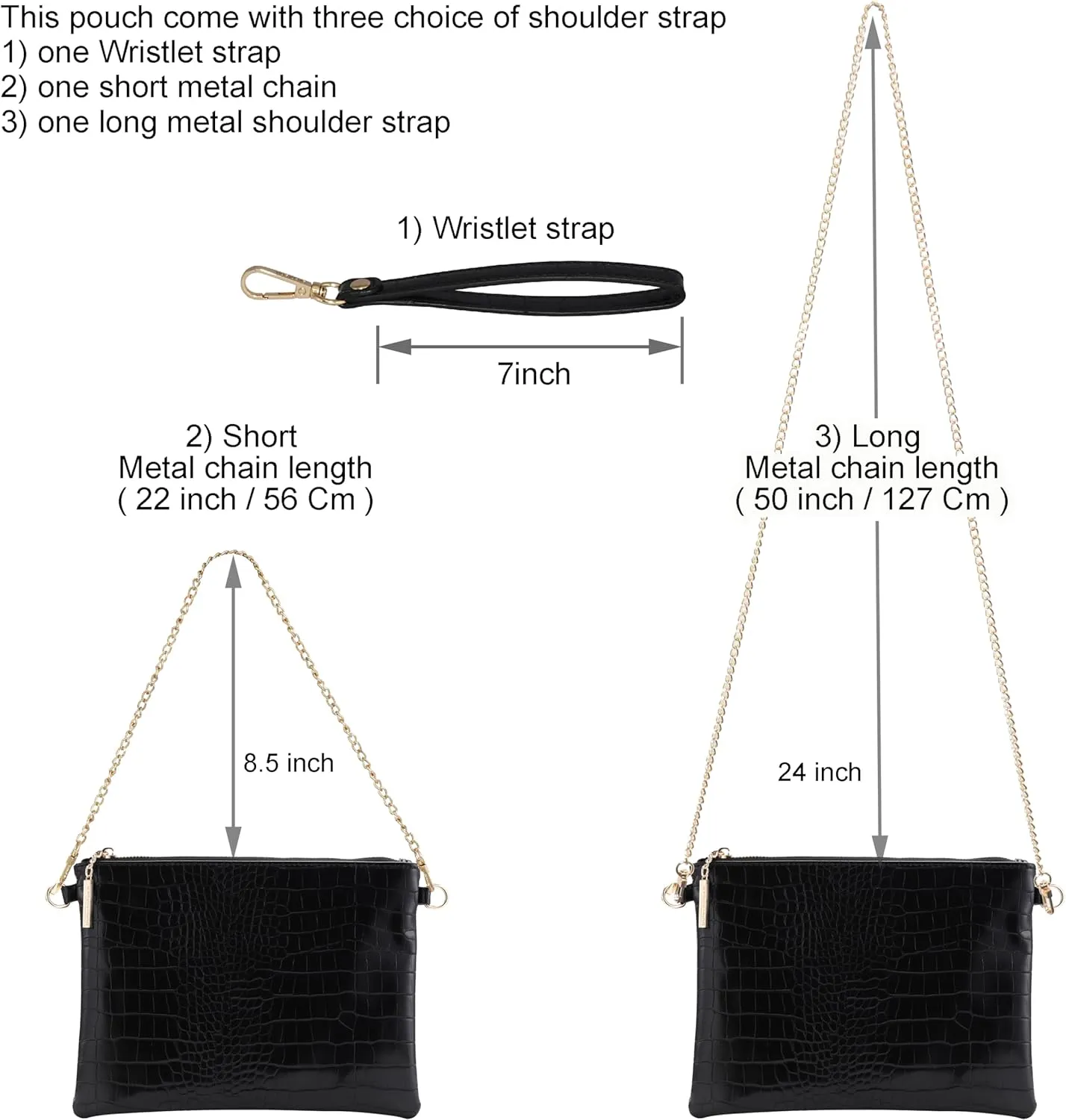 B BRENTANO Vegan Clutch Bag Pouch with removable wristlet and two size metal chain