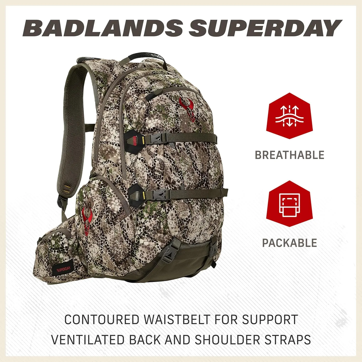 Badlands Superday Hunting Pack - Rifle and Bow Boot, Hip-Belt Holster, Molded Foam Suspension, Hydration-Compatible