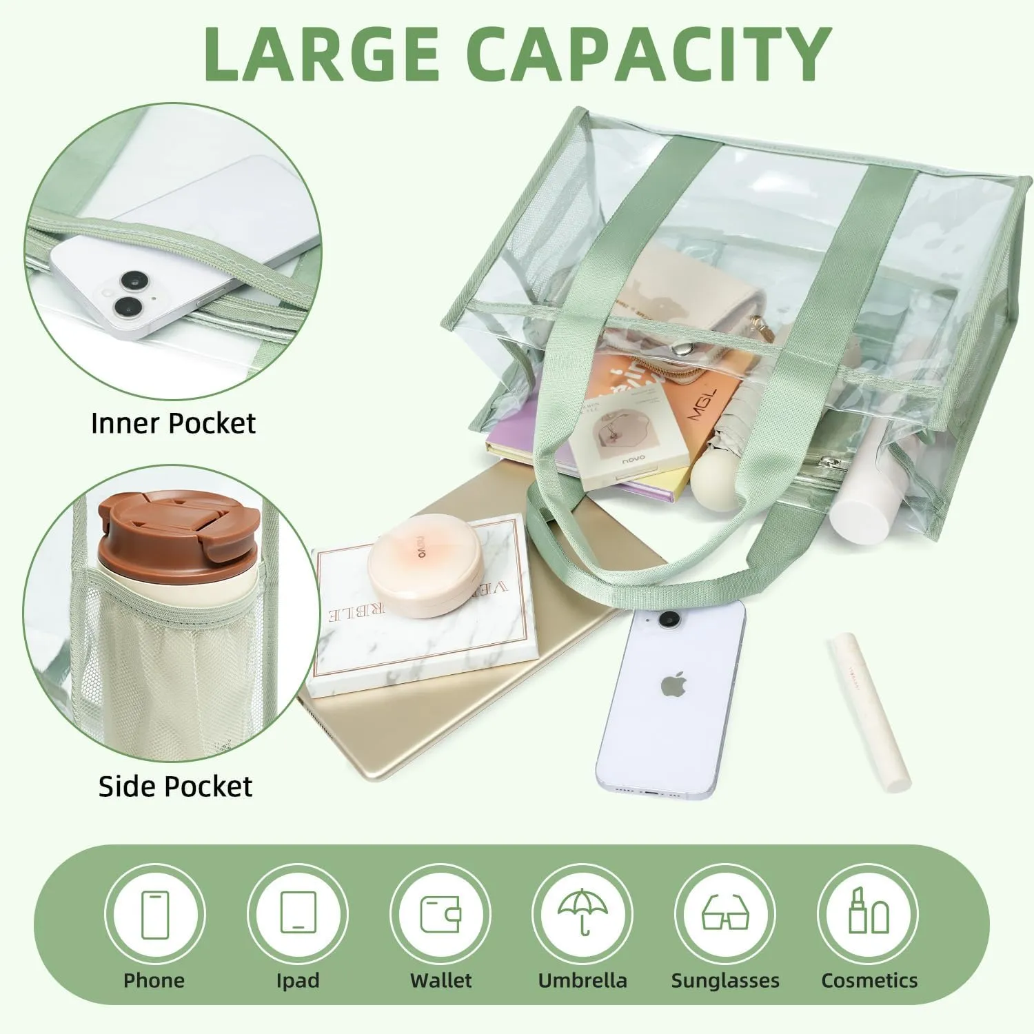 BAGAIL Clear Bag, Stadium Approved Clear Tote Bag with Inner Pocket, Transparent Travel Bag for Sports Event, Concert, Work