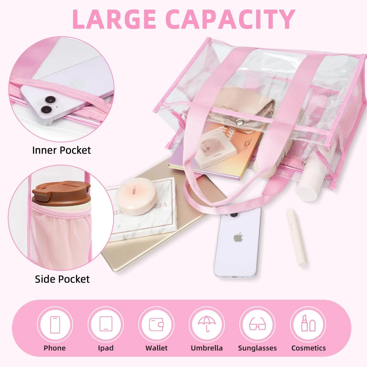 BAGAIL Clear Bag, Stadium Approved Clear Tote Bag with Inner Pocket, Transparent Travel Bag for Sports Event, Concert, Work